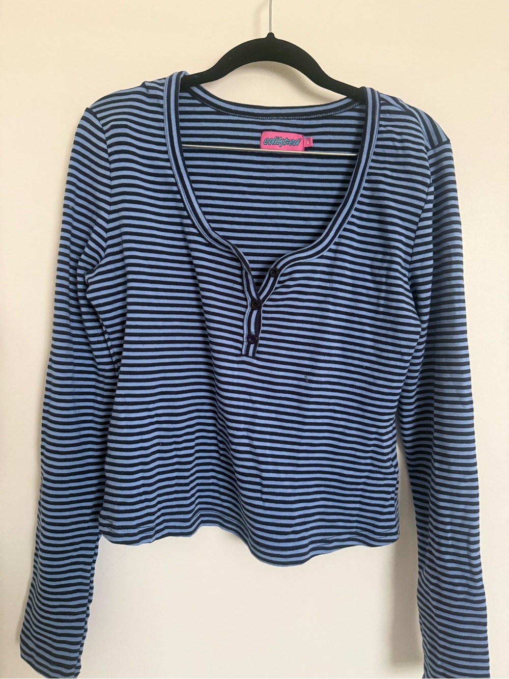 Edikted Blue & Navy Striped Henley Long Sleeve Top
